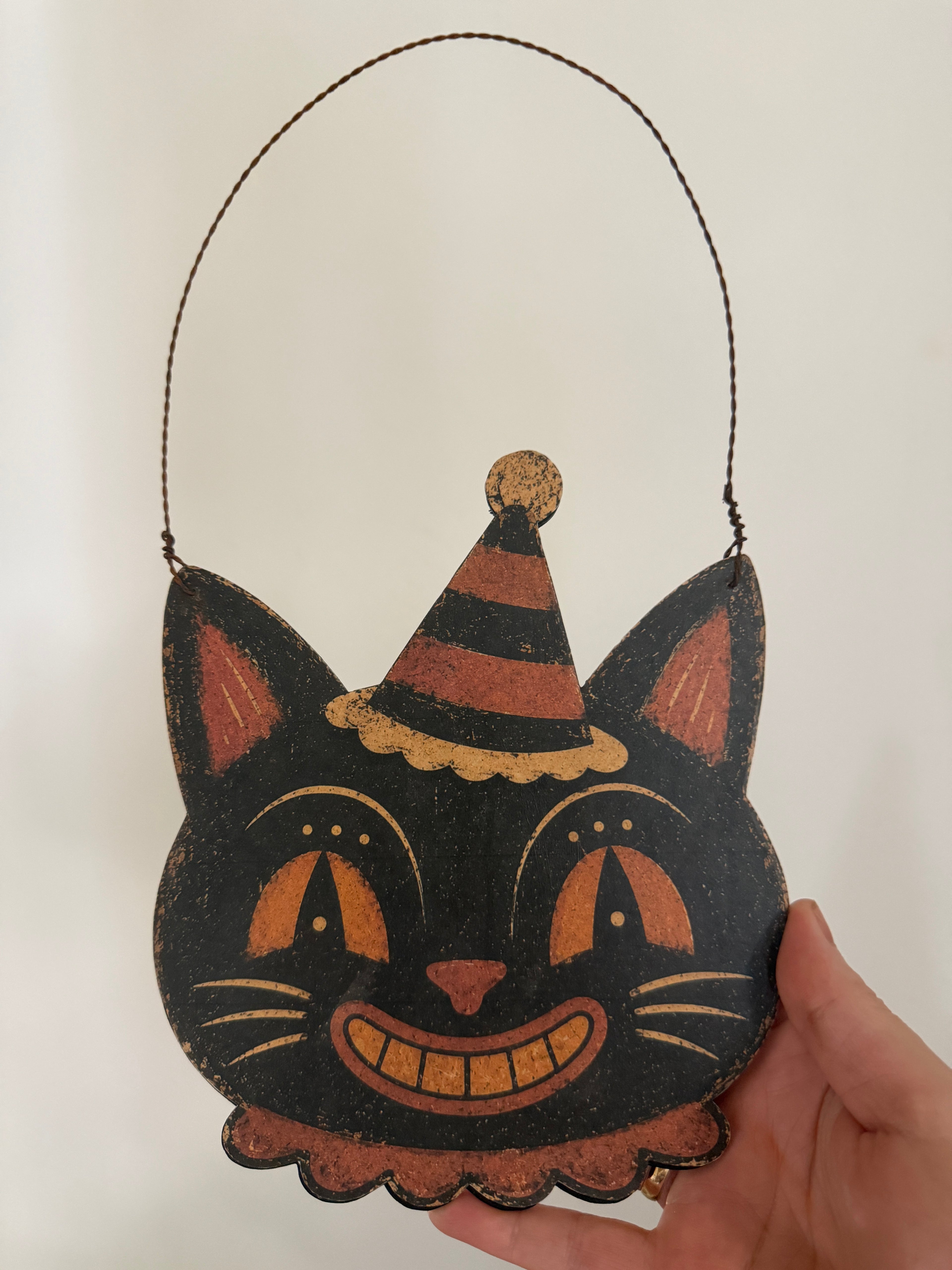 Primitive Vintage Halloween Black Cat Hanging Sign