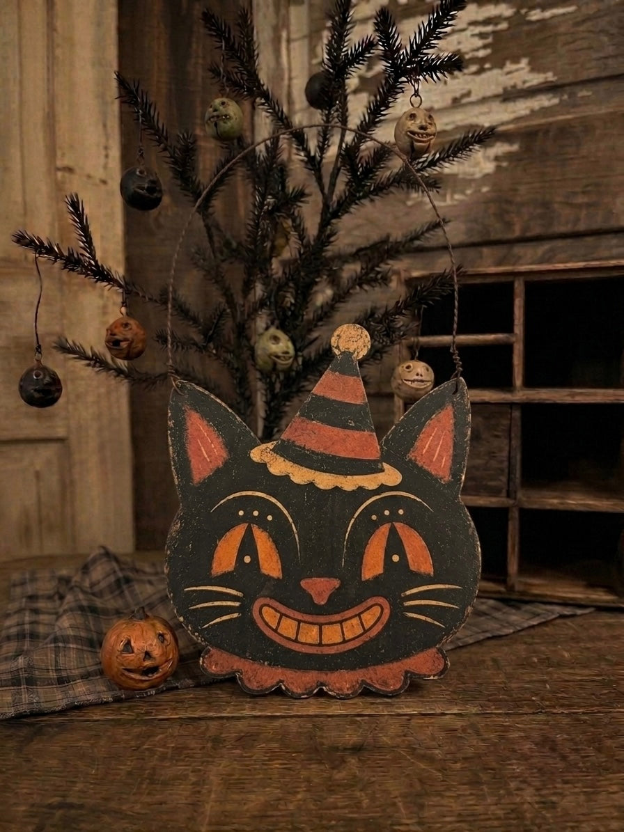 Primitive Vintage Halloween Black Cat Hanging Sign